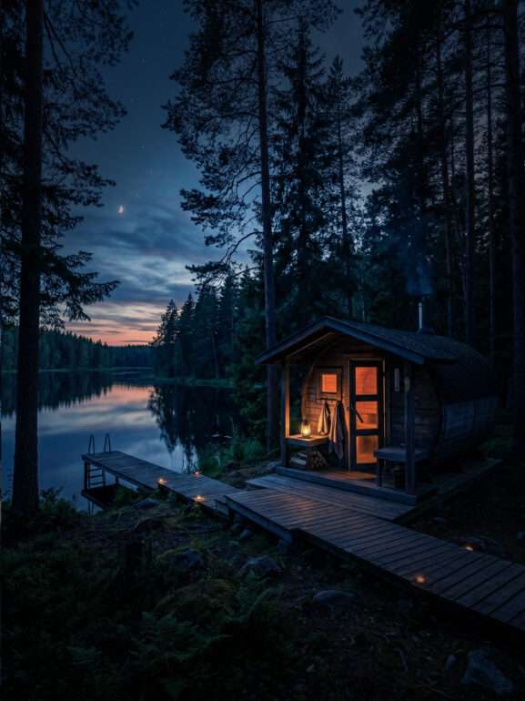 A Barrel sauna at a lake by night.
