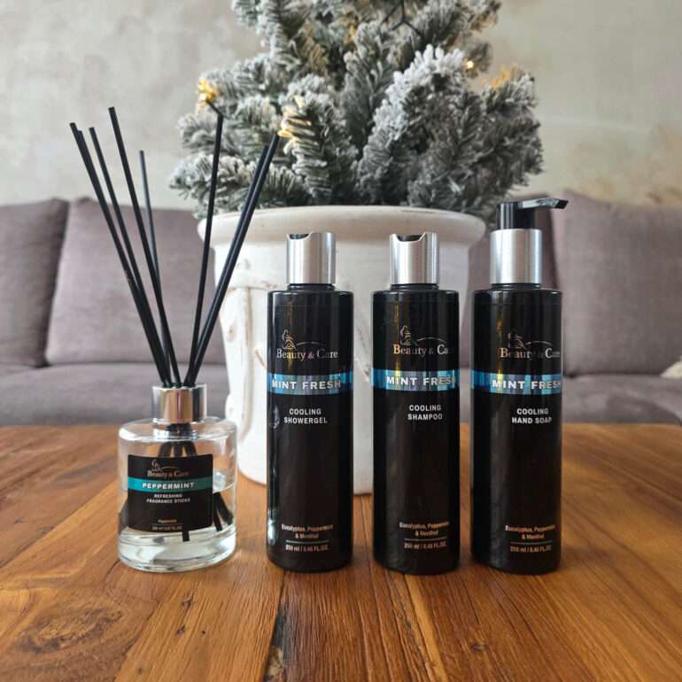 Mint Fresh bathroom giftset op een tafel kerst-